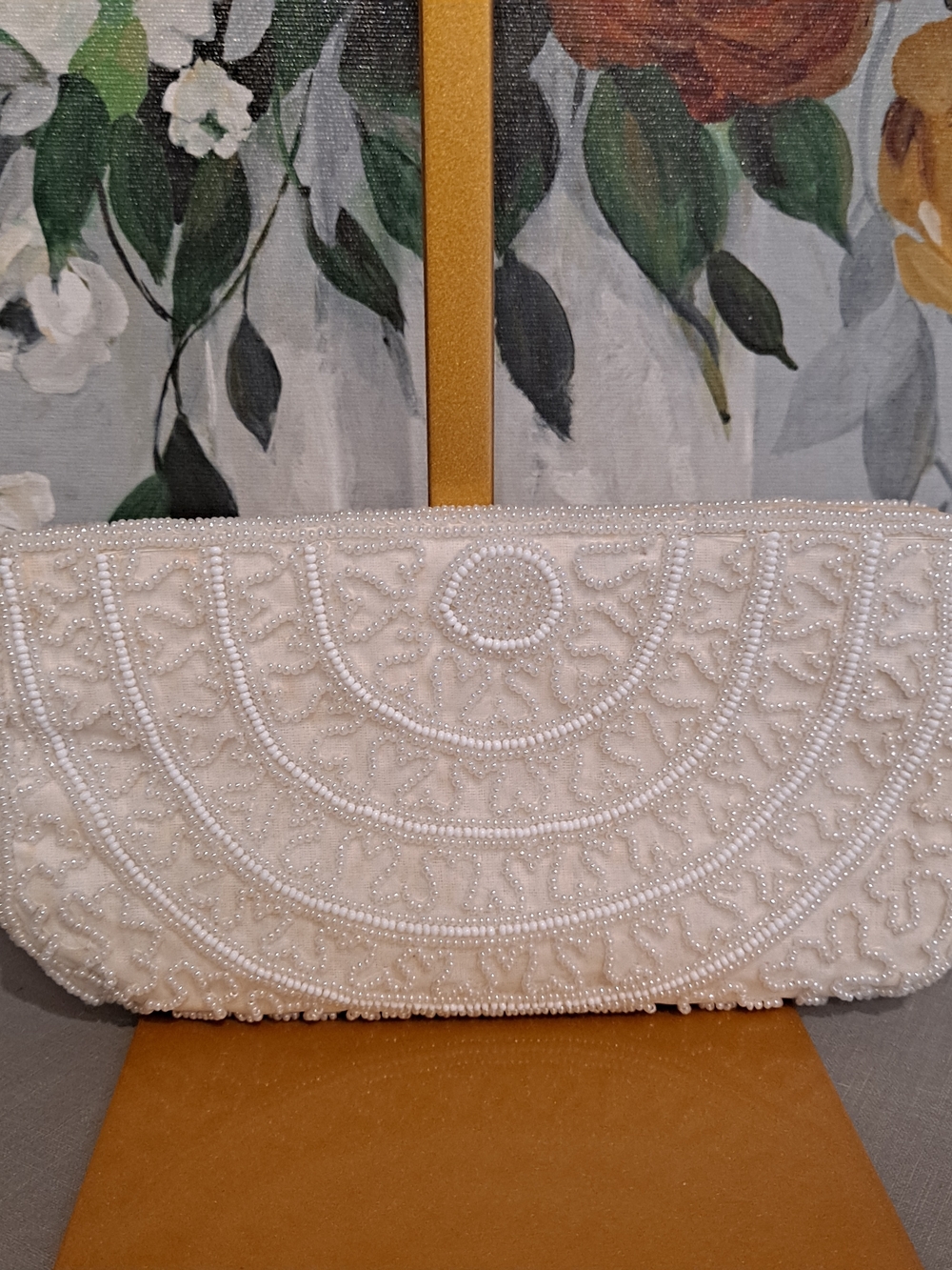 Ed B. Robinson Vintage 50s 60s Elegant Ivory Glass Beaded Silk Evening Clutch